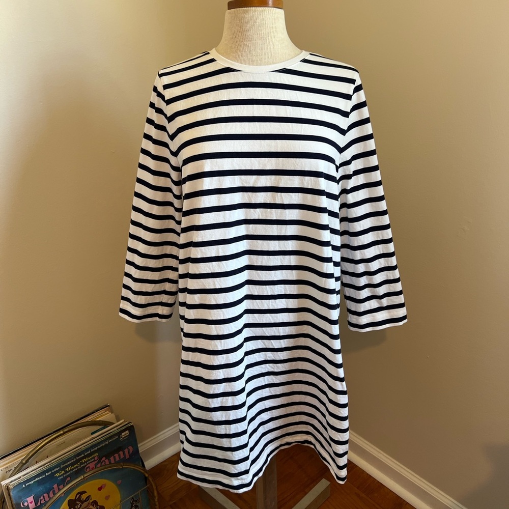 Boden White and Navy Blue Striped Dress